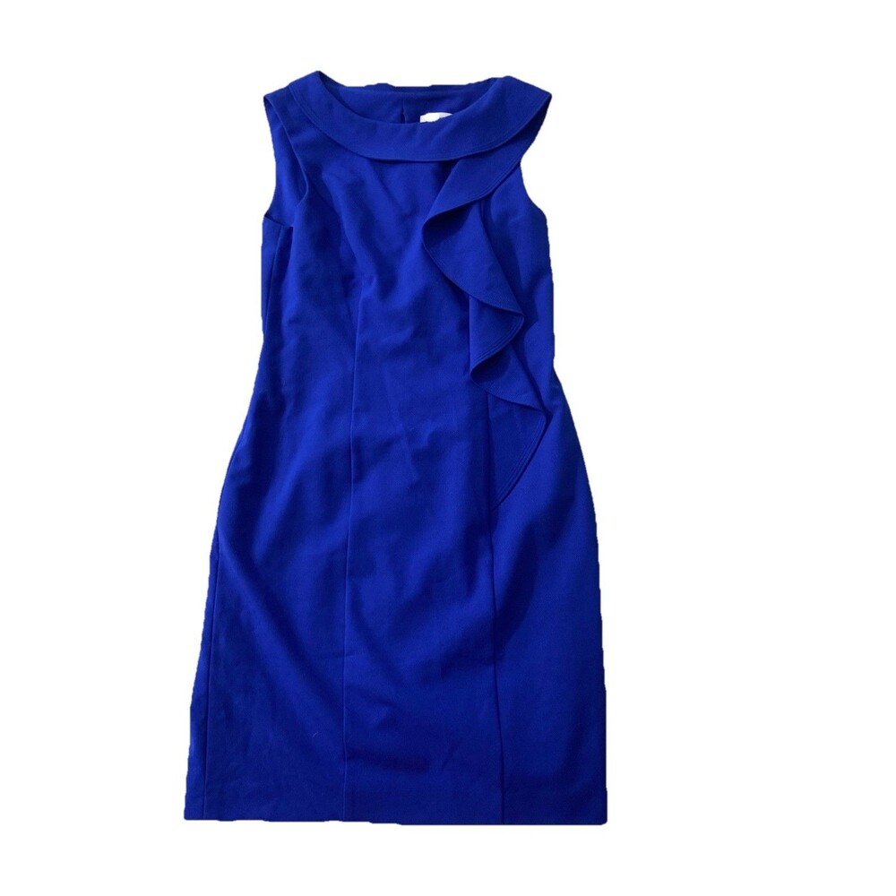 Calvin Klein Blue Sleeveless Sheath Dress Women’s Ruffle With Back Split Lined